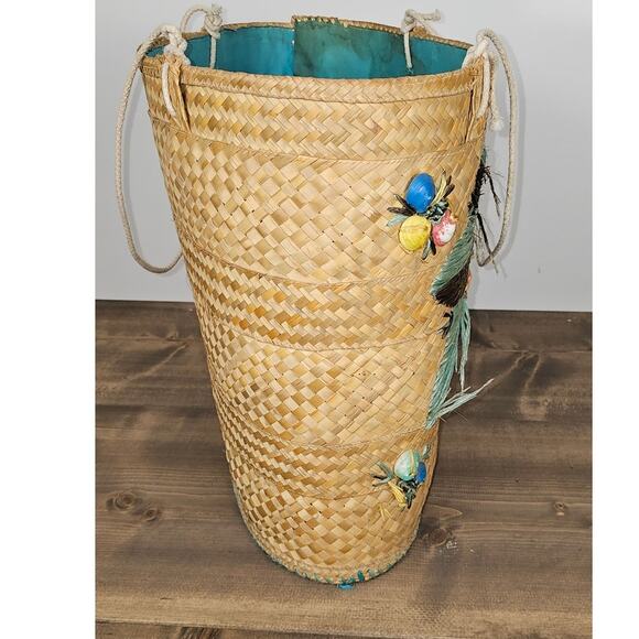 VTG 50s or 60s woven beach bag flat bottom rope handle some frays inside stains - Picture 3 of 11